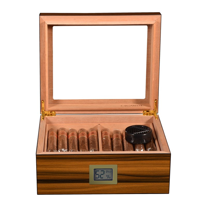 Glass Top Desktop Humidor | Zebrano Wood Finish with Analog or Digital Hygrometer