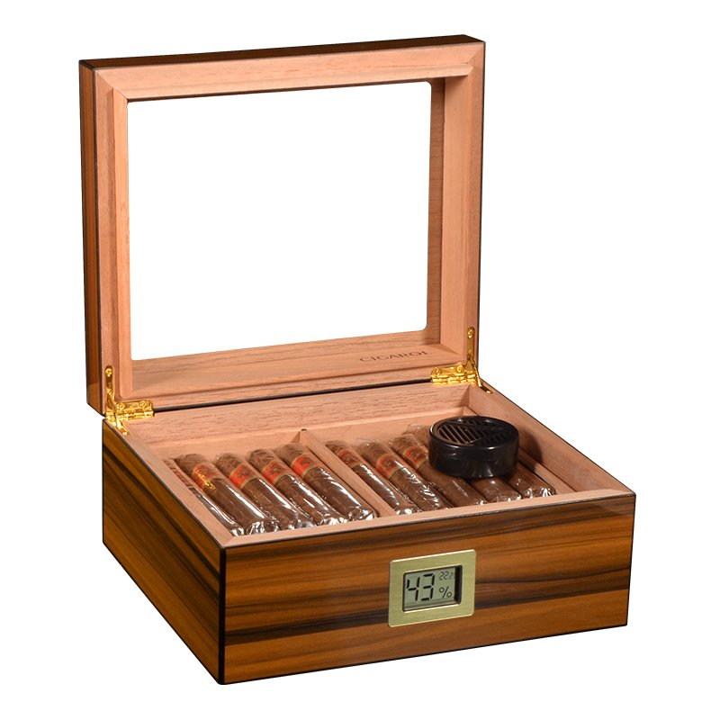 Glass Top Desktop Humidor | Zebrano Wood Finish with Analog or Digital Hygrometer