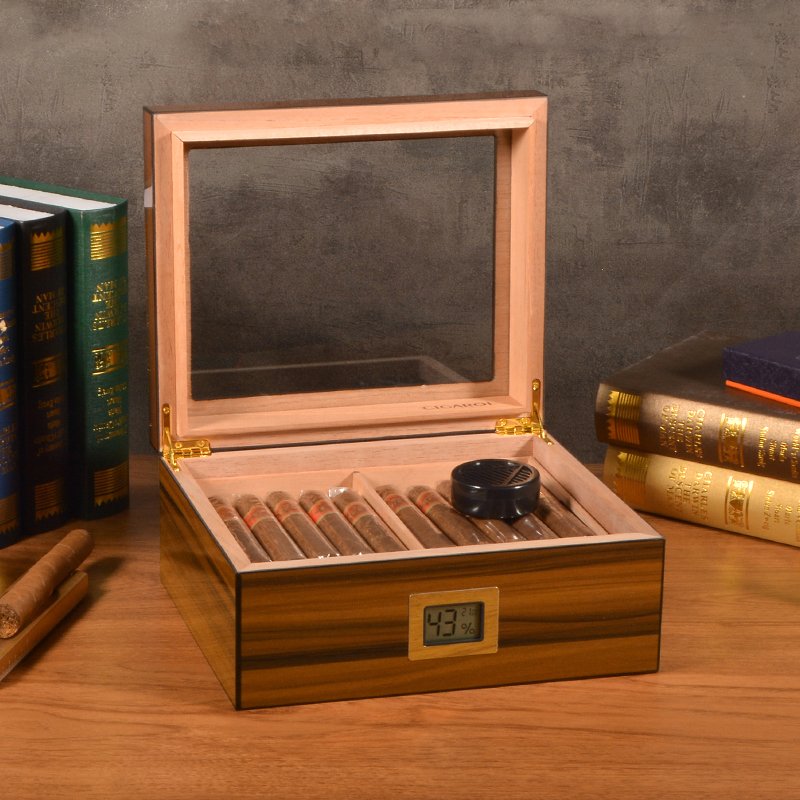 Glass Top Desktop Humidor | Zebrano Wood Finish with Analog or Digital Hygrometer