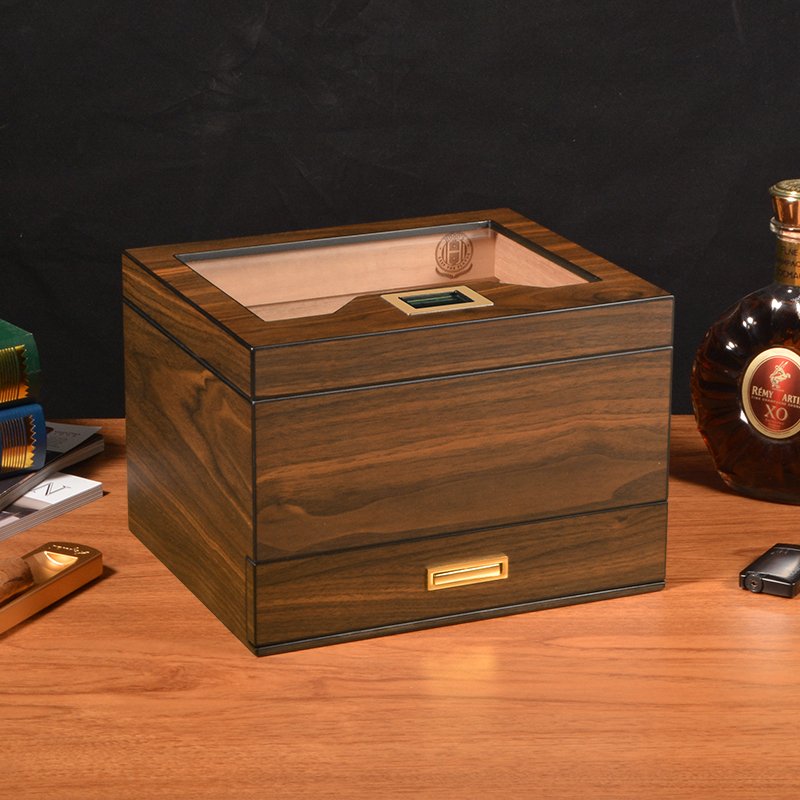 Cigarloog desktop Glass Top Cigar Humidor with Drawer | Digital Hygrometer & Spanish Cedar