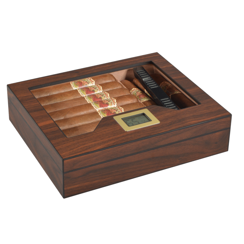 Glass Top Desktop Humidor | Zebrano Wood Finish with Analog or Digital Hygrometer