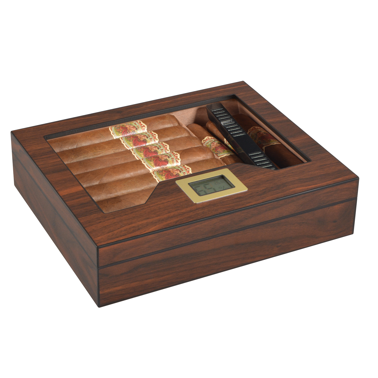 Glass Top Desktop Humidor | Zebrano Wood Finish with Analog or Digital Hygrometer - Image 2