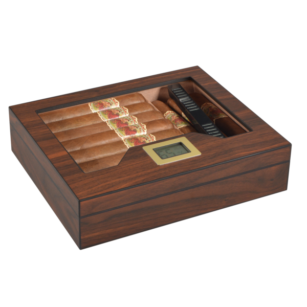 Glass Top Desktop Humidor | Elegant Wood Finish with Analog or Digital Hygrometer - Image 1