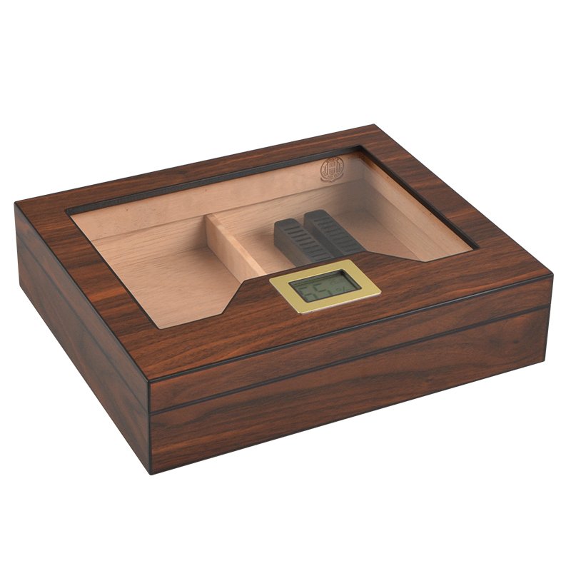 Glass Top Desktop Humidor | Elegant Wood Finish with Analog or Digital Hygrometer