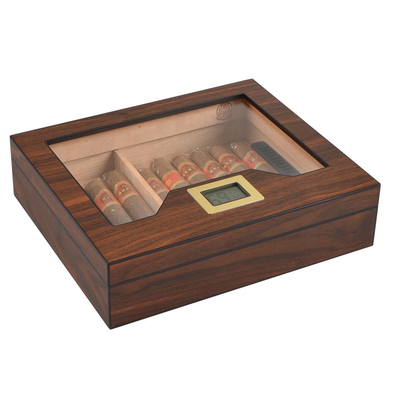 Glass Top Desktop Humidor | Elegant Wood Finish with Analog or Digital Hygrometer