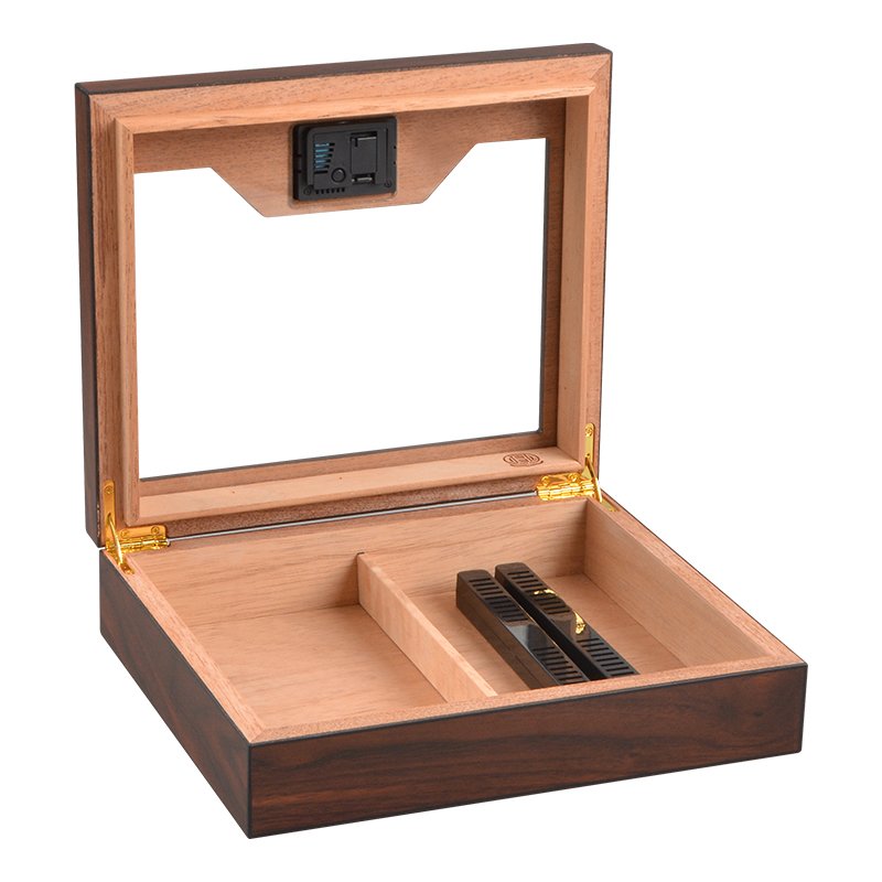 Glass Top Desktop Humidor | Elegant Wood Finish with Analog or Digital Hygrometer