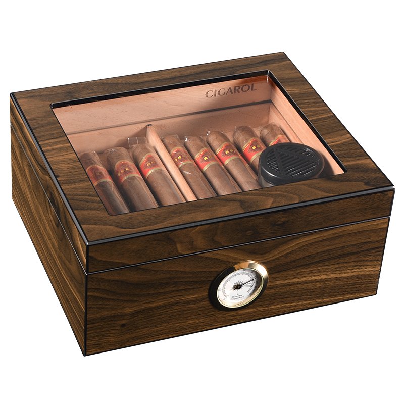 CIGAROL desktop Glass Top Cigar Humidor | Classic Wood Design with Analog Hygrometer