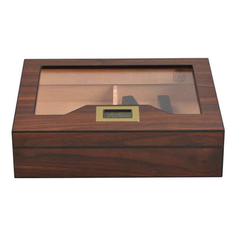 Glass Top Desktop Humidor | Elegant Wood Finish with Analog or Digital Hygrometer