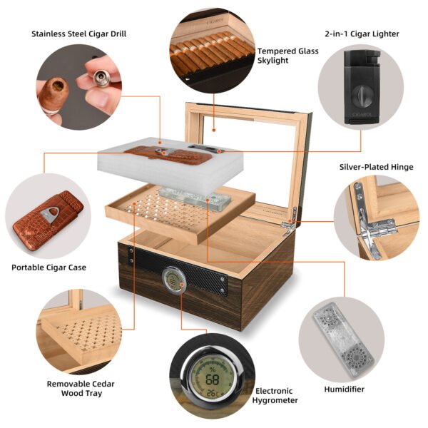 Cigarol Glass Top Humidor Set | Modern Carbon Fiber Design with Digital Hygrometer & Accessories - Image 2