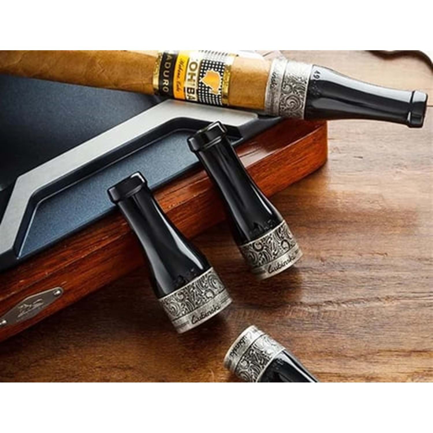 Lubinski 4-Piece Cigar Mouthpiece Set (42-57 Ring Gauge) - Premium Quality Black with Silver Band - Perfect for Cigar Lovers - Image 4
