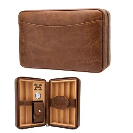 Lubinski Cigar Travel Humidor Set with 5-in-1 premium Lighter, inbulid  hydrometer - Premium Brown Leather, 6 Cigar Capacity, Compact and Durable for Travel - Ideal Gift for Cigar Enthusiasts