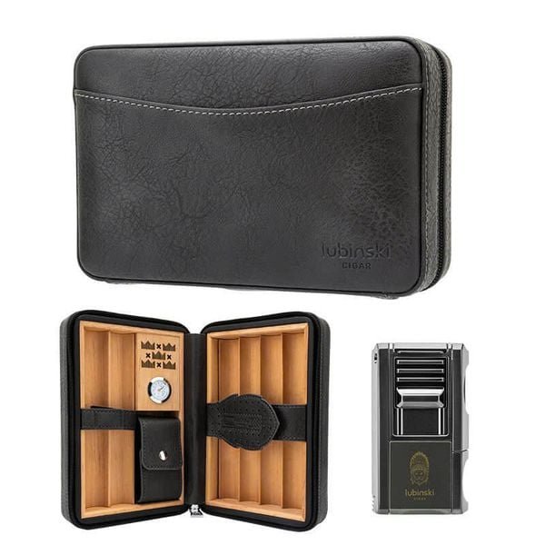 Lubinski Cigar Travel Humidor Set with 5-in-1 premium Lighter, inbulid hydrometer - Premium Black Leather, 6 Cigar Capacity, Compact and Durable for Travel - Ideal Gift for Cigar Enthusiasts