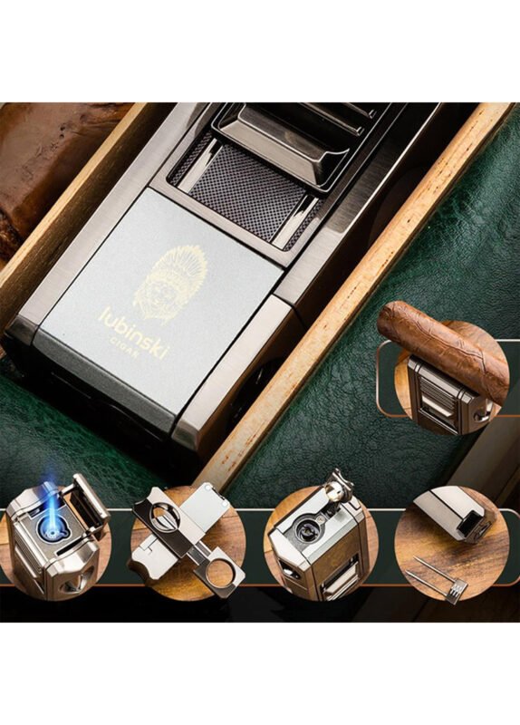Lubinski Cigar Travel Humidor Set with 5-in-1 premium Lighter, inbulid hydrometer - Premium Black Leather, 6 Cigar Capacity, Compact and Durable for Travel - Ideal Gift for Cigar Enthusiasts