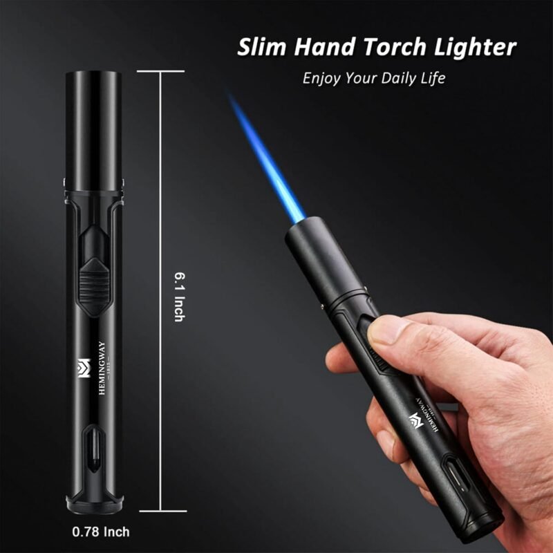 HEMINGWAY Single Jet Torch Lighters – Windproof Refillable Butane Pen-Style Lighters with Powerful Blue Flame – Portable for Candles, Culinary, BBQ & Camping