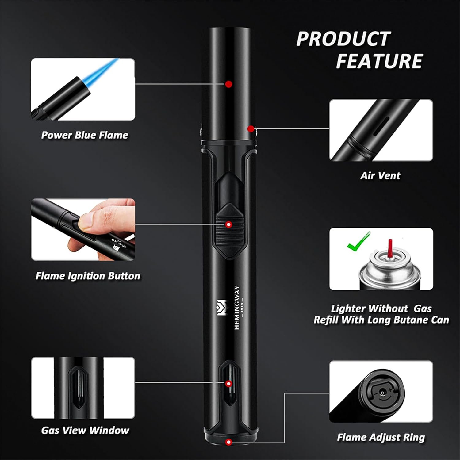HEMINGWAY Single Jet Torch Lighters – Windproof Refillable Butane Pen-Style Lighters with Powerful Blue Flame – Portable for Candles, Culinary, BBQ & Camping - Image 3