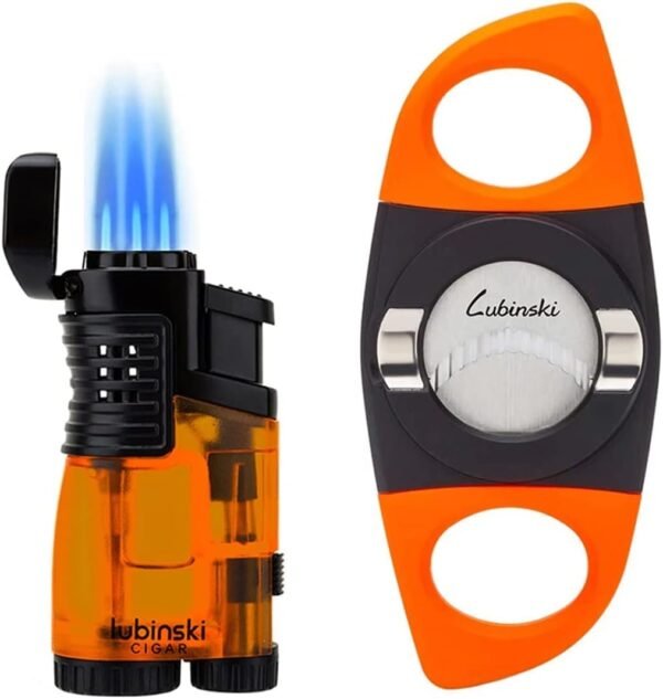 LUBINSKI Cigar Cutter and Torch Lighter 3 Jet Cigar Lighter w Punch, Security Lock Cigar Cutter W Cigar Stand Gift Set (Orange) - Image 6