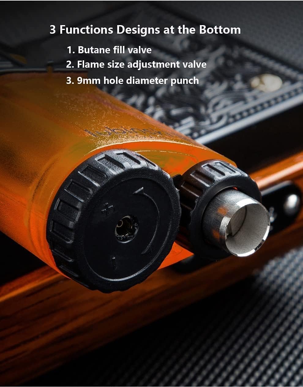 LUBINSKI Cigar Cutter and Torch Lighter 3 Jet Cigar Lighter w Punch, Security Lock Cigar Cutter W Cigar Stand Gift Set (Orange) - Image 8