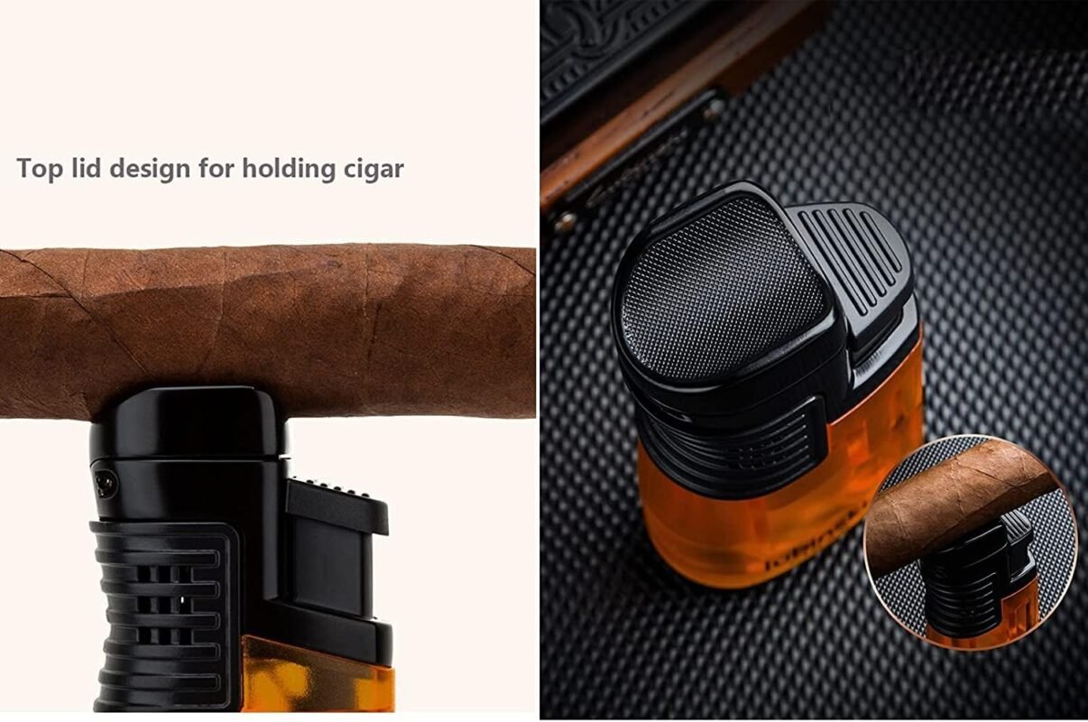 LUBINSKI Cigar Cutter and Torch Lighter 3 Jet Cigar Lighter w Punch, Security Lock Cigar Cutter W Cigar Stand Gift Set (Orange)
