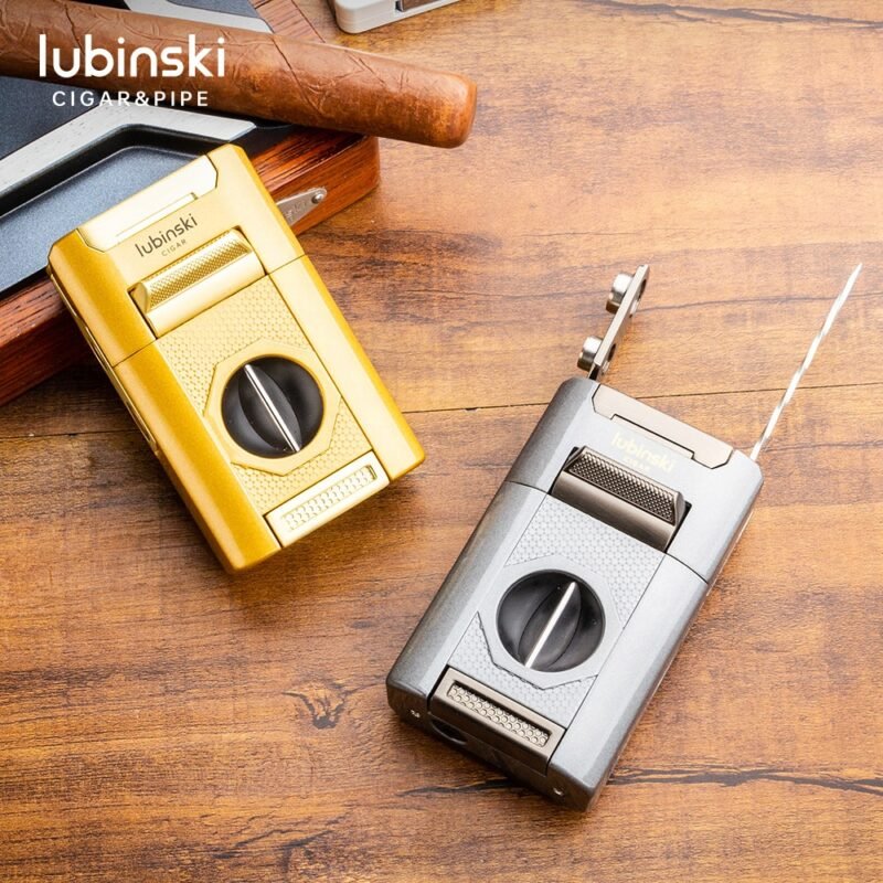 Lubinski Jet Flame Cigar Torch Lighter (Gray) – Windproof Refillable Butane Lighter with Built-In Cigar Rest