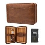 Lubinski Cigar Travel Humidor Set with 5-in-1 premium Lighter, inbulid  hydrometer - Premium Brown Leather, 6 Cigar Capacity, Compact and Durable for Travel - Ideal Gift for Cigar Enthusiasts