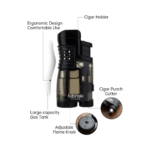 LUBINSKI Cigar Cutter and Torch Lighter 3 Jet Cigar Lighter w Punch, Security Lock Cigar Cutter W Cigar Stand Gift Set (Black) - Image 4