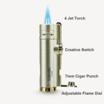 Luxury Cigar Ashtray Set Box Torch Lighter and Cigar Cutter Set V-cut Cigar Cutter, Matte Metal Ashtray - Image 3