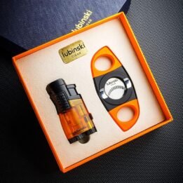 LUBINSKI Cigar Cutter and Torch Lighter 3 Jet Cigar Lighter w Punch, Security Lock Cigar Cutter W Cigar Stand Gift Set (Orange)